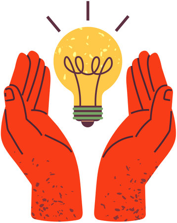 Hands holding light bulb, electricity sign isolated on white background. Symbol of new idea, creative project. Single line art of light bulb for business idea, brainstorm or electricity conceptのイラスト素材