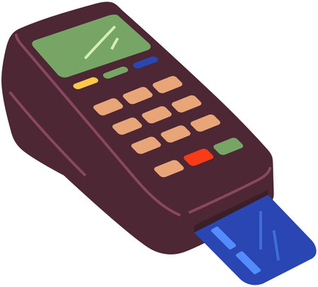 Pos terminal, payment by debit credit card, pin code. NFC technology. Pay for purchases using card at supermarket concept. Device for contactless payment with buttons isolated on white backgroundのイラスト素材