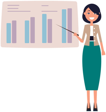 Woman looking at statistics diagram. Businesswoman analysing report with statistical indicators. Girl examines results of analysis. Personal investment, finance, funding, capital accumulation conceptのイラスト素材