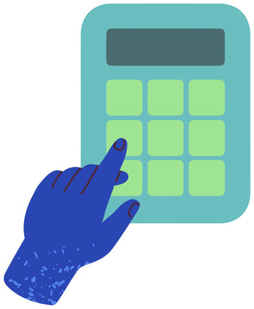 Businessman, accountant working with device to count. Hands hold calculator with buttons and display vector illustration. Electronic computing device for performing operations on numbers or formulasのイラスト素材