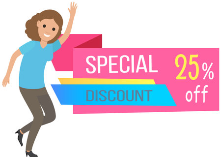 Sale banner with woman dancing near advertising poster. Shopping time promotional style. Lady rejoices in discounts and exclusive offer in store. Female character in dance to sale advertisementのイラスト素材