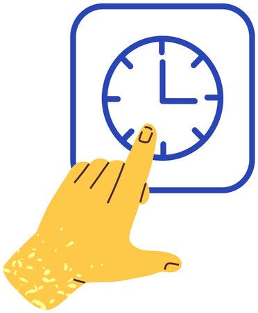 Hand points to clock with arrows, time symbol vector illustration. Time management, dealing with deadline concept. Clock for countdown, digital app icon. Determination of minutes and hours signのイラスト素材