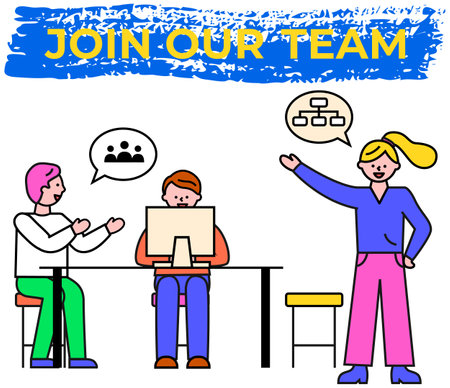 Brainstorming and work with information. Invitation to join staff team. Employees working in office. Business managers meeting and teamwork. Data analysis, strategy planning, partnership conceptのイラスト素材