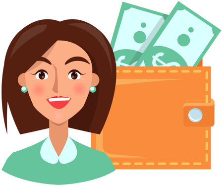 Adult happy businesswoman with cash, money, banknotes. Person near currency notes, wallet. Positive woman with emotion of happiness, joy. Feale character rejoice in finance and business successのイラスト素材