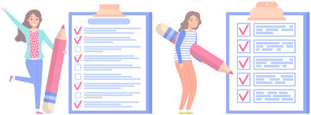 Positive and negative business women with giant pencils nearby marked checklist on clipboard paper. Successful completion of business tasks, time management, scheduling. Ladies planning checklistのイラスト素材
