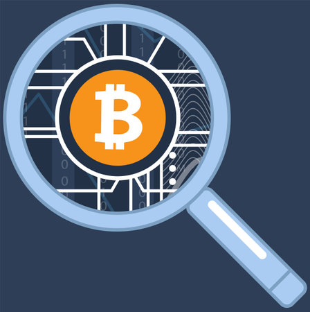 Digital payment system, cryptocurrency. Online currency and blockchain technology. Search for internet money. Online earning, cryptographic marketplace template. Bitcoin icon under magnifyerのイラスト素材