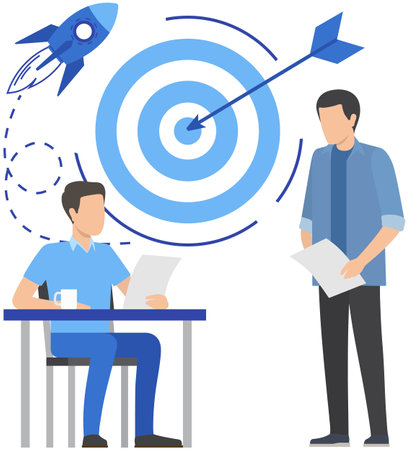 Goals and objectives, business grow and plan concept. Targeting, target marketing, business mission concept. Workers planning business strategy for leadership, success. Colleagues work in officeのイラスト素材