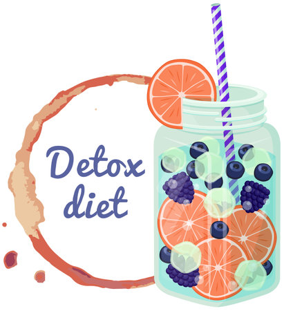Detox diet lettering in abstract round frame and jar with drink, smoothie. Colorful abstract sign with inscription and diet fruit cocktail. Proper nutrition, healthy lifestyle, detox conceptのイラスト素材