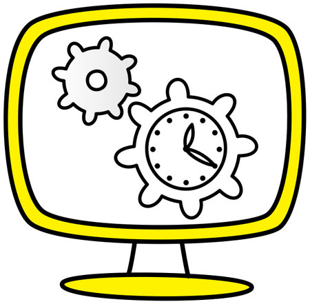 Working process, searching for ideas and solutions, business process running, startup, work motion concept. Gear with clock as symbol of time management. Software or maintenance, technology settingsのイラスト素材