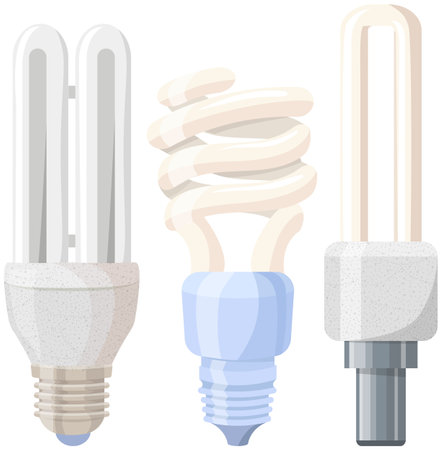 Set of light bulbs and lamps. Electric LEDs and incandescent lamps or energy-saving lighting fixtures. Light bulbs with different base shapes. Electrical appliances for creating interior lightのイラスト素材