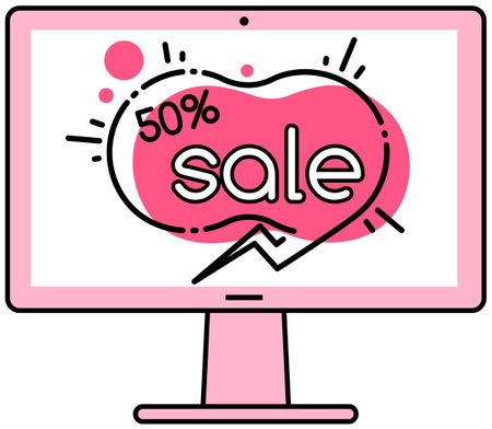 Sale, special offer announcement on monitor. Business advertisement of Internet store. Online shopping app advertising. Web ite for Internet purchases. Program for buying and ordering goodsのイラスト素材