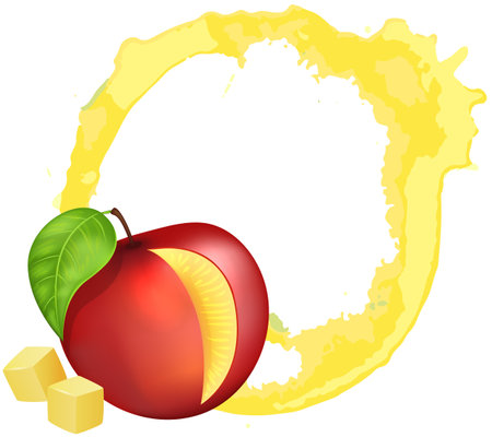 Fresh juice stain, splashes and drops near ripe peach with pulp vector illustration. High quality abstract texture for menu, bar, cafe, restaurant. Fruit, peach fresh stain, trace round shapeのイラスト素材