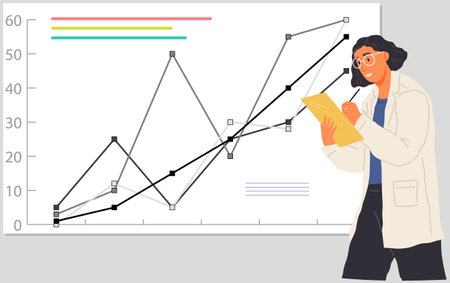 Search for solutions, scientific analysis concept. Woman looking at statistical chart. Scientist works with data analytics and research of statistics. Person with magnifying glass analyzes diagramのイラスト素材