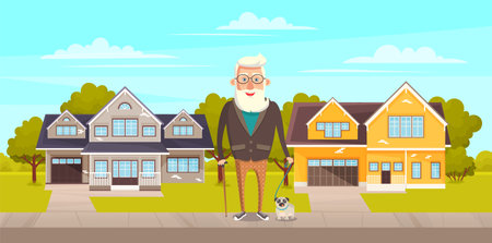 Old man grandfather with gray hair and beard standing with his pet dog on hut green street with houses. Elderly male character in city park near two-storey austere building. Retired grandparentsのイラスト素材