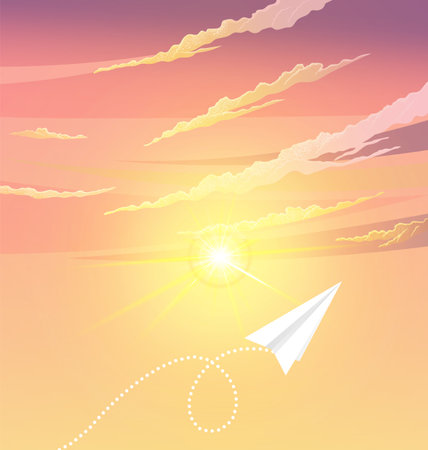 Paper plane flying near sun and sky landscape. Airplane flying among clouds and sun, art style. Pattern design vector illustration. White airplane on layout template. Aircraft flies next to cloudy skyのイラスト素材