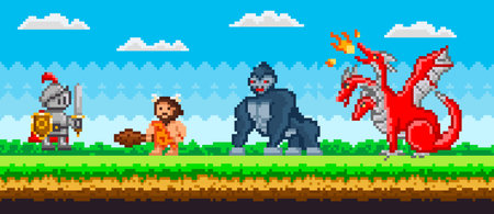 Pixelated natural landscape with warrior holding shield and sword standing on green grass. Knight attacks mechanical robot in armor, gorilla and dragon. Minimalistic pixel cavalier near monstersのイラスト素材