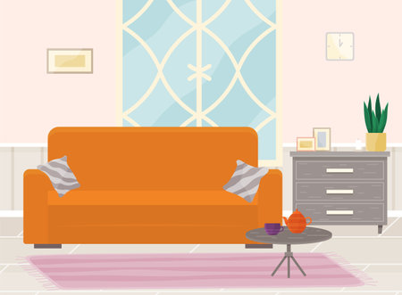 Modern room for interior design. Cozy room with furniture and decor accessories. Flat design interior. Planning and arrangement of furniture in apartment. Living room. Home lifestyle. Style houseのイラスト素材