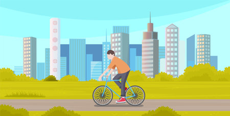 Guy riding in park summertime. Man rides bicycle on city road spends time in town with modern buildings, skyscrapers. Male character doing sports outdoors. Sportsman cycling leads healthy lifestyleのイラスト素材