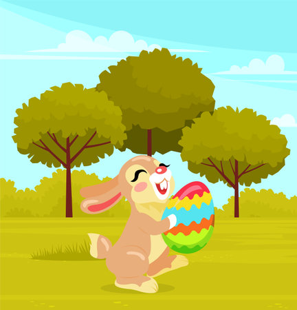 Smiling and happy Easter Rabbit, or Easter Bunny holding egg with color pattern, while running. Festive gray hare joyfully gallops across clearing with trees. Cheerful spring holiday celebrationのイラスト素材