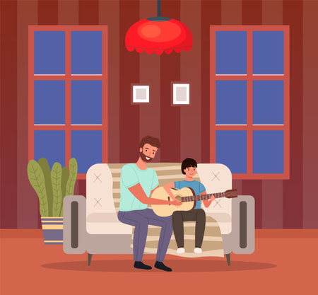 Father spend time with his child. Dad teaches his son how to play guitar. Parent and kid happy together at home. Musician teaches child to make music. Guitar and music lesson vector illustrationのイラスト素材