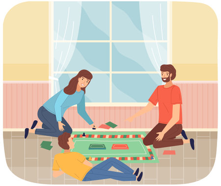 Family playing board game flat illustration. Parents with kid having fun, spending time together at home. Mom and dad with son enjoying table games. Indoor entertainment for adults and childrenのイラスト素材