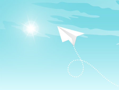 Paper plane flying in blue sky. Pattern mockup design vector illustration. Airplanes made as origami from paper. White airplanes on pattern layout. Aircrafts fly between clouds and light in skyのイラスト素材