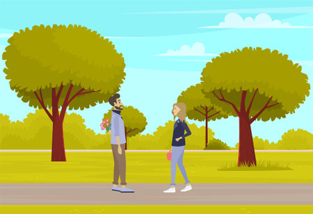 Couple in relationship walking in city park. Guy meets girl holding bouquet of flowers behind his back, romantic walk in nature. Lovers man and woman on date outdoor. Happy meeting of people in loveのイラスト素材