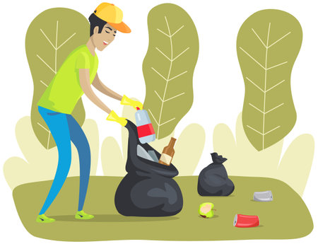 Male character cleans up garbage in green park. Maintaining forest clean from garbage and trash. Man in hat cleans lawn in forest by herself and takes care of environment, volunteer guy outdoorsのイラスト素材