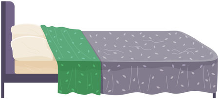 Bed covered with bedspreads isolated on white side view. Bedroom interior design flat vector illustration. Comfortable bed with pillows and gray blanket. Furniture equipment for resting in living roomのイラスト素材