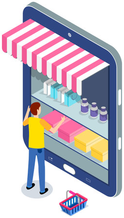 Online shopping design concept. Buying things on site. Computer screen with open site with goods, clothes. Man using application for buying and ordering goods via Internet. Monitor with sales websiteのイラスト素材