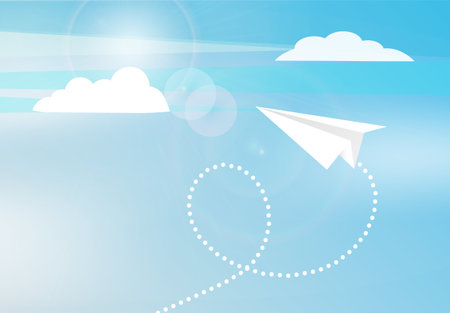 Paper plane flying in blue sky. Pattern mockup design vector illustration. Airplanes made as origami from paper. White airplanes on pattern layout. Aircrafts fly between clouds and light in skyのイラスト素材