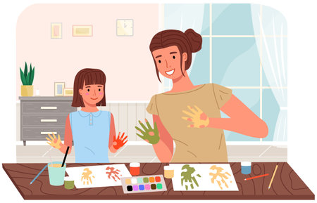 Mother and daughter painting at home. Mom and child study or playing together. Woman teaches girl to draw. Happy family pastime. People paint hands with dye and leaves traces of palms on paperのイラスト素材