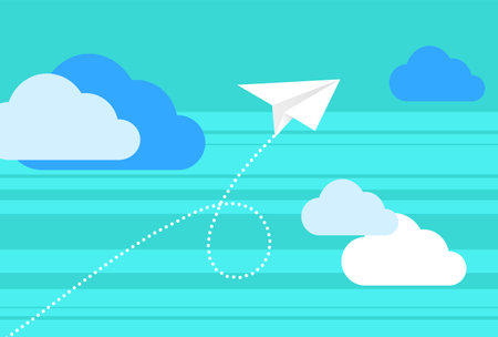 Paper plane flying in blue sky. Pattern mockup design vector illustration. Airplanes made as origami from paper. White airplanes on pattern layout. Aircrafts fly between clouds and light in skyのイラスト素材