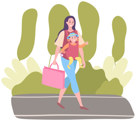 Woman strolling with baby in park. Mother taking care about her child in cute carriage. Walking in outdoor vector illustration. Female character in dress walks through park with babyのイラスト素材