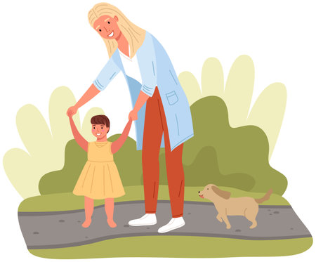 Mother teaches her child to walk. Baby takes first steps. Parent spends time with child in nature. Mom holds baby by hands while walking vector illustrationのイラスト素材