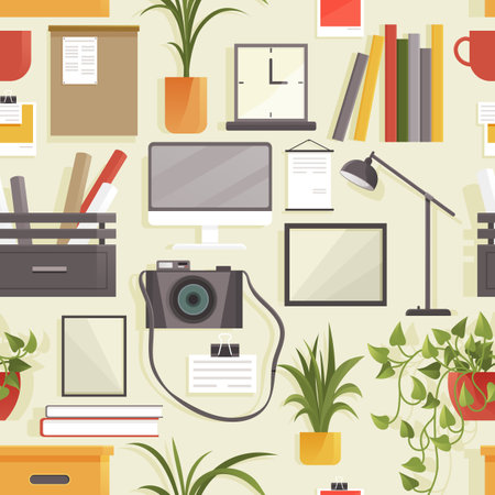 Seamless pattern, set of various items for interior design of living room, office, apartment furnishings. Design of modern home office workplace. Creative office workspace equipment for room interiorのイラスト素材