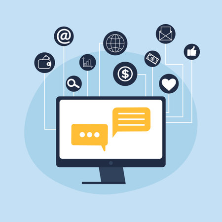 Computer online chat notices. Desktop pc with chatting bubble notifications, concept of people messaging on internet, on-line communication. Online social conversation, comment and icons setのイラスト素材