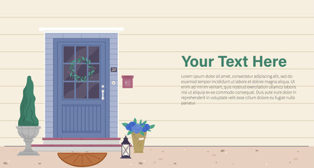 Facade door house exterior entrance. Front view from street. Closed home entry exterior with potted flower plants, lamp, number plate. Doorway facade. Entries to apartments with green decorationのイラスト素材