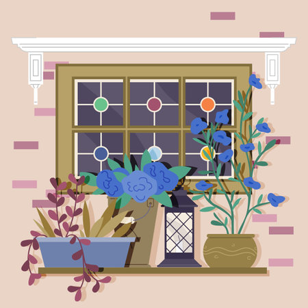 Indoor garden, entrance decoration. Front house design elements green potted plants set on windowsill. Doorway exterior, terrace decor. Facade flowers and bushes in pots. Dwelling building exteriorのイラスト素材