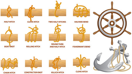 Yellow nautical rope knot, interweaving of ropes, tapes or other flexible linear materials. Twisted tape set isolated knot. For fast and reliable fastening any tackle or connection between two cablesのイラスト素材