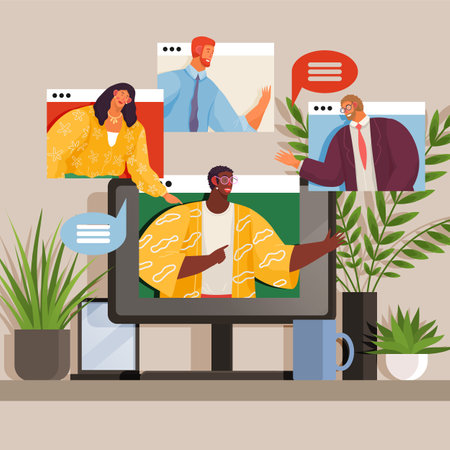 Video conference, via video call. Group of people on computer screen talking with colleague. Video conferencing and online communication concept. Virtual work meeting and videoconferencingのイラスト素材
