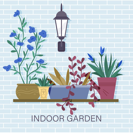 Indoor garden, entrance decoration. Front house design elements green potted plants and lantern set. Doorway exterior, terrace decor. Facade flowers and bushes in pots. Dwelling building exteriorのイラスト素材