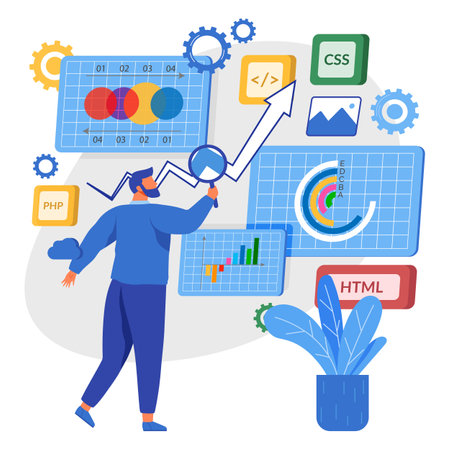 Manager testing and analyzing graph reports, business targets, company success at rate scale chart. Man looking at charts, studying financial statistics. Benchmarking indicator metrics performanceのイラスト素材