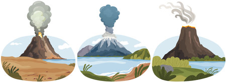 Mountains landscape of flora of natural area. Mountainside in autumn season. Outdoor recreation place with volcanic view. Erupting rock pinnacle volcano on island. Beautiful scenery of natureのイラスト素材