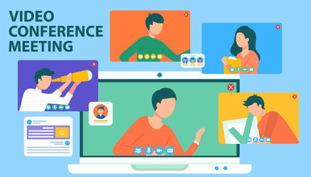 Video conference meeting, remote communication. Distance chatting, video call. Program for virtual intercommunication, teamwork. People talking during collective discussion, business conferenceのイラスト素材