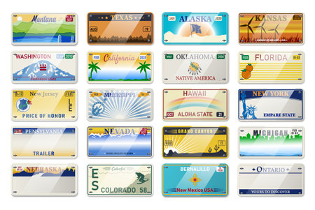 Auto plate and car numbers set of vehicle registration in USA states. Car plates. Vehicle license numbers of different American states. Metal sign boards automobile plates with digits and lettersのイラスト素材