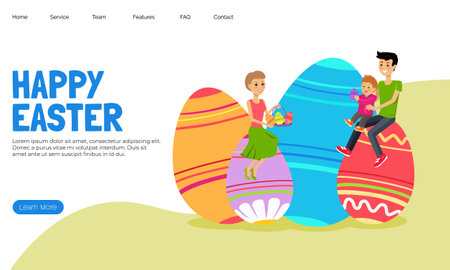 Easter poster and banner template with family on Easter eggs. Greetings and presents for Easter Day in flat lay styling. Promotion and shopping template for Happy Easter. Greeting card. Spring holidayのイラスト素材