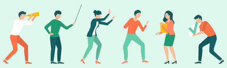 Group of working people standing isolated characters in various poses. Businessmen and business women in flat design. Team of employees, male and female corporate office workers in full growthのイラスト素材