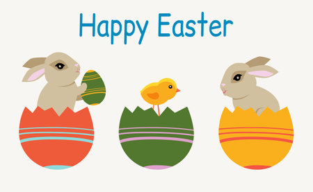 Easter poster and banner template with Easter eggs. Greetings and presents for Easter Day with rabbit. Promotion and shopping template bunny for Happy Easter. Greeting card. Spring holidayのイラスト素材