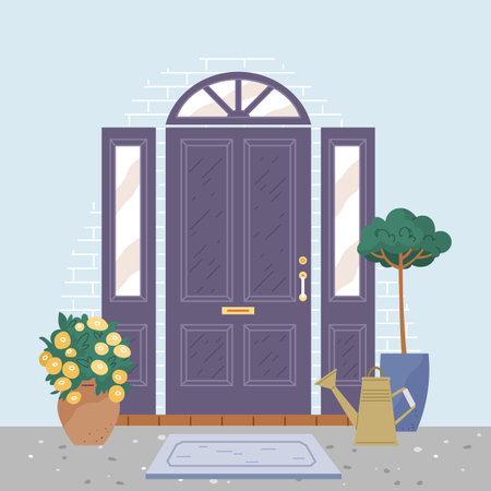 Facade door house exterior entrance. Front view from street. Closed home entry exterior with potted flower plants, lamp, number plate. Doorway facade. Entries to apartments with green decorationのイラスト素材